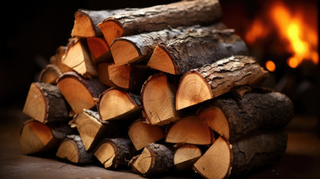 Firewood stacked in a pile on a wooden table in front of a fireplaceの素材