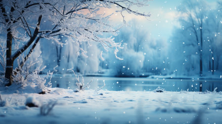 Winter landscape with frozen lake and trees in snow. Nature background.の素材