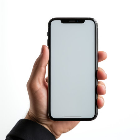 male hand holding a smartphone with a blank screen on a white backgroundの素材