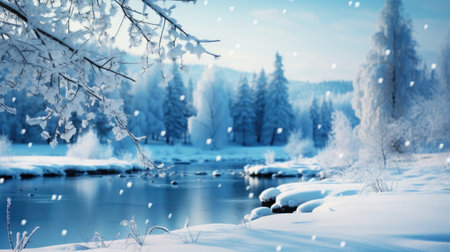 Winter landscape with snow covered trees and river. Blue toned.の素材