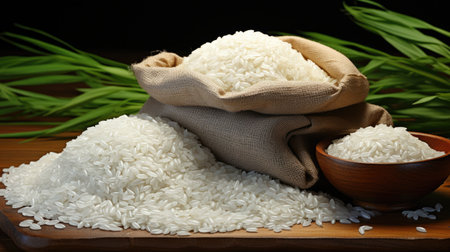 Jasmine rice in sack and bowl on wooden table, closeupの素材