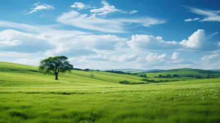 Lonely tree in the green field and blue sky with cloudsの素材