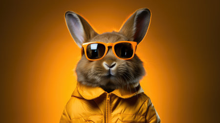 Funny rabbit wearing yellow jacket and orange sunglasses on orange background.の素材