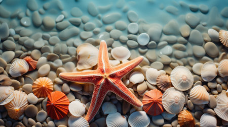 Starfish and seashells on the pebbles background.の素材