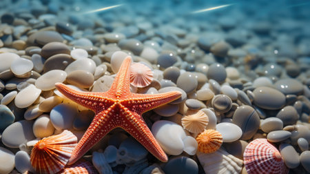 Starfish and seashells on a pebble beach.の素材