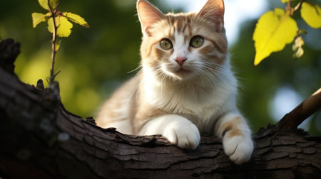 Cute cat sitting on a tree branch in the summer garden.の素材