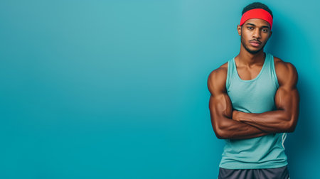 Man in workout clothes on blue backgroundの素材