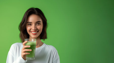 Healthy woman holding vegetable juice on green backgroundの素材