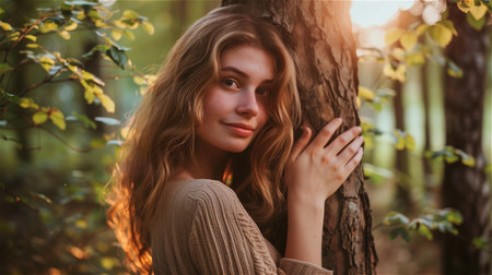 Beautiful woman hugging a tree in the forestの素材