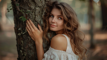 Beautiful woman hugging a tree in the forestの素材