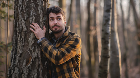 Handsome man hugging a tree in the forestの素材