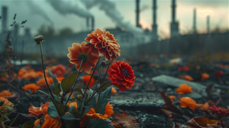 Flowers dying from air pollution in pollution from industrial backgroundの素材