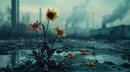 Flowers dying from air pollution in pollution from industrial backgroundの素材