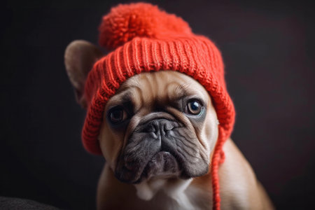 Cute French Bulldog with red knit beanie cap, Generative Aiの素材