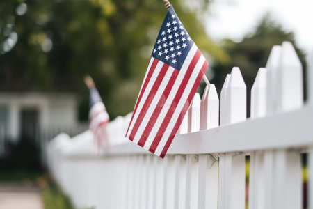 American flag on white picket fence, Generative Aiの素材