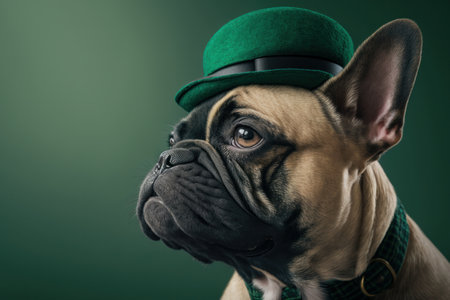 French bulldog wearing green leprechaun hat on green background. Generative Aiの素材