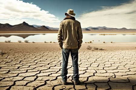 Generative Ai of man standing in front of empty dry lakeの素材