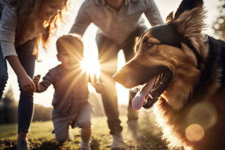 Happy family playing with dog at sunset. Mother, father and their son having fun outdoors. Generative Aiの素材