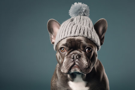Cute French Bulldog with knit beanie cap, Generative Aiの素材