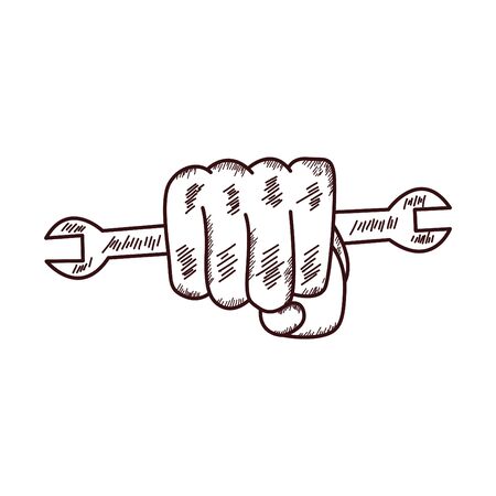 Fist sketch. Hand sketch with flag. Hand Sketch with wrench.のイラスト素材