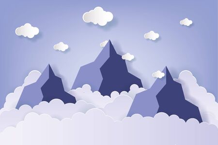 Illustration of nature landscape with cloud and mountain. Paper art style.のイラスト素材