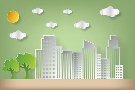 Vector illustration concept of eco, earth day and world environment day. Landscape city building with cloud. Paper art and craft style.のイラスト素材