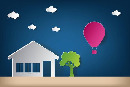 House vector illustration with cloud origami and hot balloon air. Paper art and craft style.のイラスト素材
