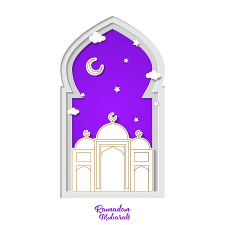 Ramadan kareem greeting card design with mosque and crescent month vector illustration. mosque vector illustration. paper art and craft styleのイラスト素材