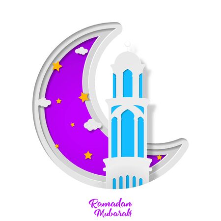 Ramadan kareem greeting card design with tower mosque and crescent month vector illustration. tower mosque vector illustration. paper art and craft styleのイラスト素材
