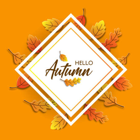 Autumn background design decorated with colorful leaves for web banner, shopping sale, and promo poster. Paper art vector illustrationのイラスト素材