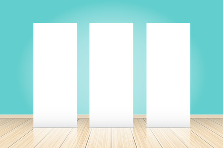 Three blank roll up banner posters display in dark blue wall, Mock up. Vector illustrationのイラスト素材