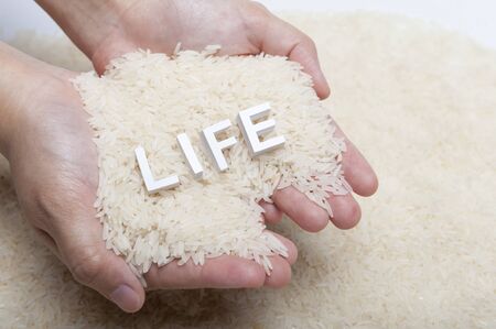 woman's hands holding jasmine rice on top with "LIFE" 3D text, rice falling from hands, healthy and organic concept.の写真素材