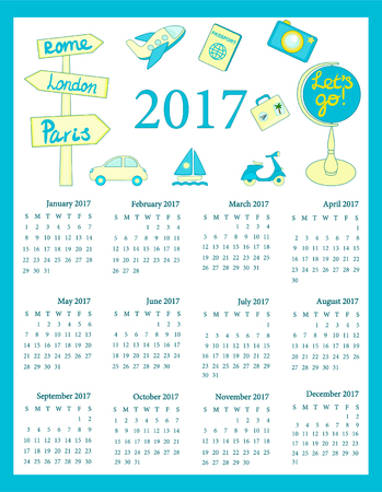 Calendar 2017 for kids, Travel calendar 2017, 12 month calendar for kidsのイラスト素材