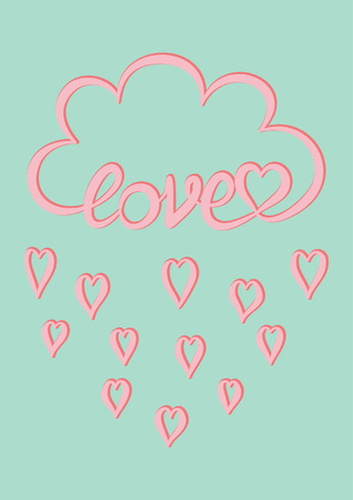 Love card, Pink cloud with hand written word Love and pink heart rain drops on mint green background, Valentine's day card design templateのイラスト素材
