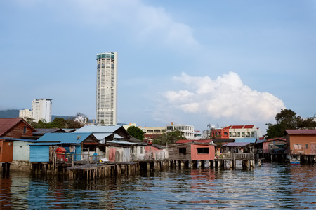 View to Komtar skyscraper from the old chinese jetty, Penang, Malaysiaのeditorial素材