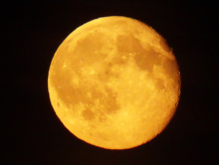 yellow full moon shy in a clear skyの写真素材