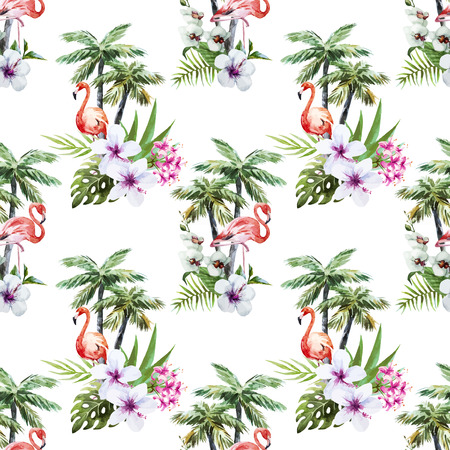 Beautiful vector watercolor pattern with flamingo palm and flowersのイラスト素材