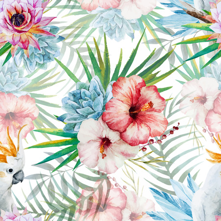 Beautiful vector watercolor pattern with parrot and flowersのイラスト素材