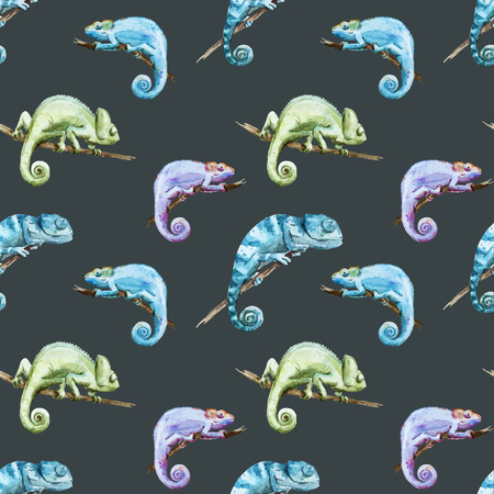 Beutiful watercolor vector pattern with reptiles chameleonのイラスト素材