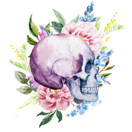 Beautiful vector image with nice watercolor skull with flowers