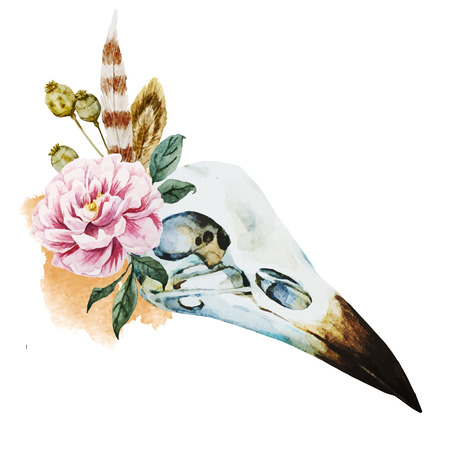 Beautiful vector image with nice watercolor bird skull with flowersのイラスト素材