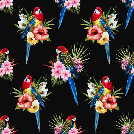 Beautiful vector pattern with nice watercolor rosella bird and flowersのイラスト素材