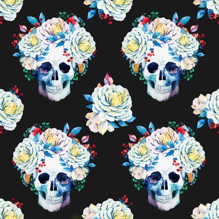 Beautiful vector pattern with nice watercolor skulls and flowersのイラスト素材