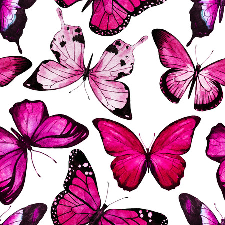 Beautiful raster pattern with nice watercolor butterfliesの写真素材