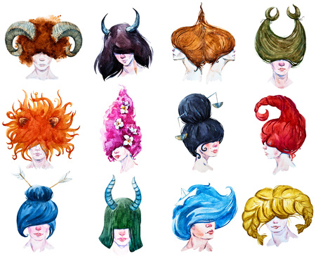 Beautiful raster image with nice watercolor hand drawn horoscopesの写真素材