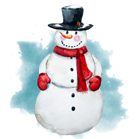 Beautiful raster image with nice watercolor hand drawn snowmanの写真素材