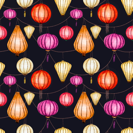 Beautiful vector pattern with nice watercolor chinese lanternのイラスト素材
