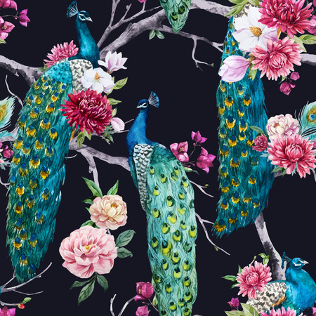 Beautiful pattern with nice watercolor peacock and flowersのイラスト素材