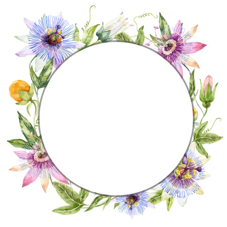 Beautiful wreath with nice watercolor passionflowers and fruitsのイラスト素材