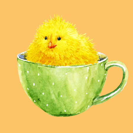 Beautiful image with watercolor cute yellow chick in a cupのイラスト素材